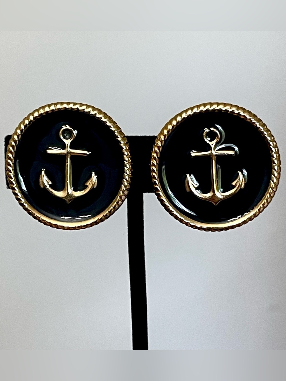Vintage Black & Gold Nautical Anchor Button Earrings Yacht Club Coastal 1980s